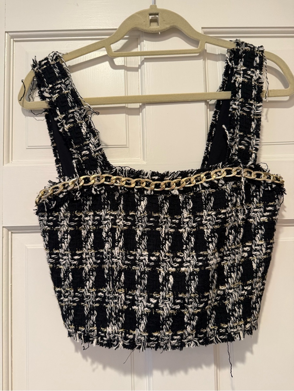 Alice + Olivia Black and White Tweed Crop Top with Gold Chain